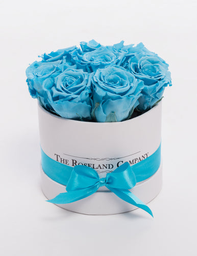 The Roseland Mini White Round Box - Light Blue Eternity Roses