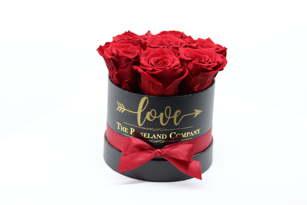 Red Eternity Roses, Black Mini Round Box with Love engraving