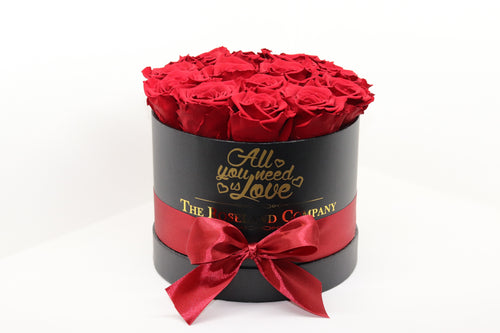 Red Eternity Roses, Black Small Round Box with Love engraving