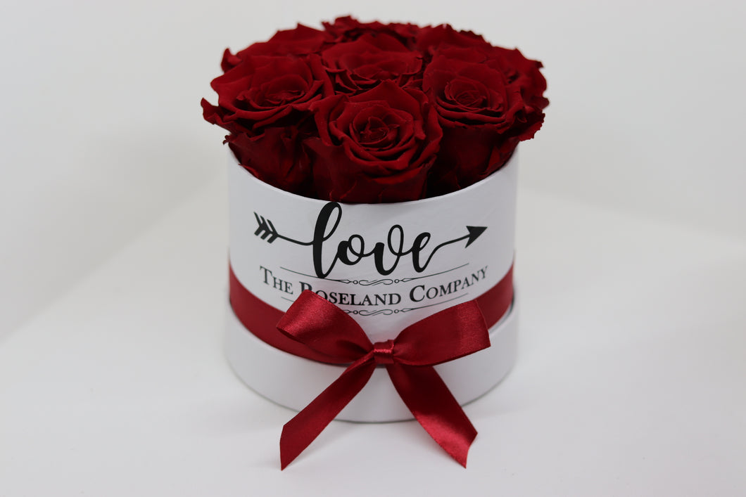 Red Eternity Roses, White Mini Round Box with Love engraving