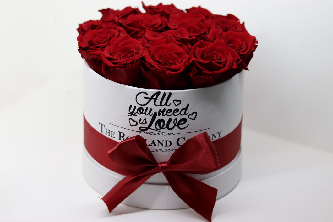 Red Eternity Roses, White Small Round Box with Love engraving
