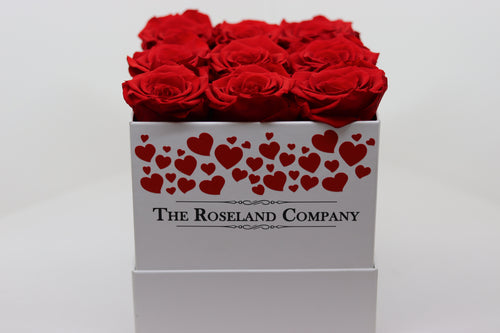 Red Eternity Roses, White Cube Box with hearts engraving
